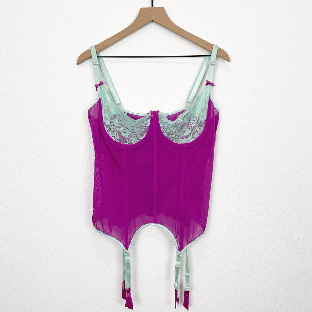 Coquette Diva Corset Womens 1X/2X Plus Pink Mesh Sheer Lingerie Fairy‎ Lace Bow